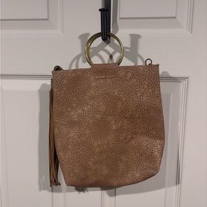 Anthropologie Tan Floral Embossed Shoulder Bag